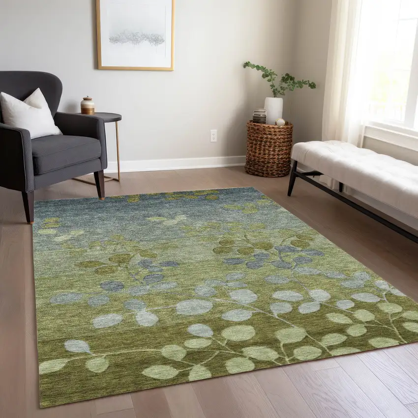 Olive Green And Gray Floral Washable Indoor Outdoor Area Rug Photo 7