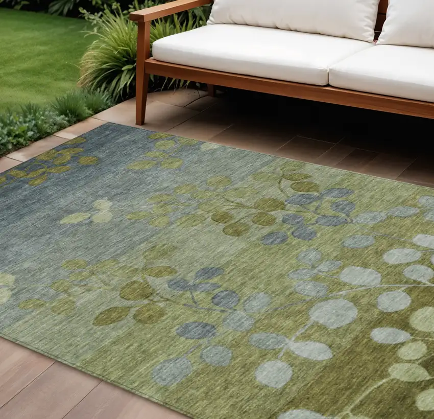 Olive Green And Gray Floral Washable Indoor Outdoor Area Rug Photo 2