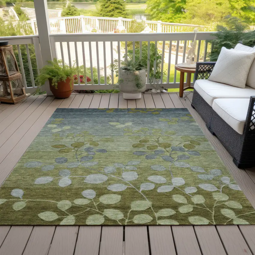 Olive Green And Gray Floral Washable Indoor Outdoor Area Rug Photo 8