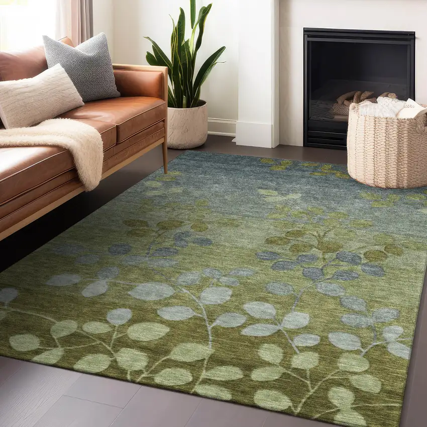 Olive Green And Gray Floral Washable Indoor Outdoor Area Rug Photo 6