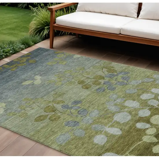 Olive Green And Gray Floral Washable Indoor Outdoor Area Rug Photo 2