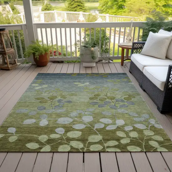 Olive Green And Gray Floral Washable Indoor Outdoor Area Rug Photo 8