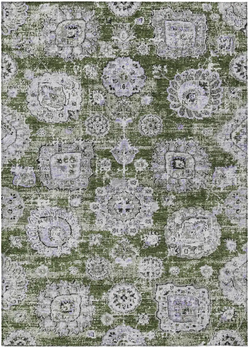 Olive Green And Gray Floral Washable Indoor Outdoor Area Rug Photo 2