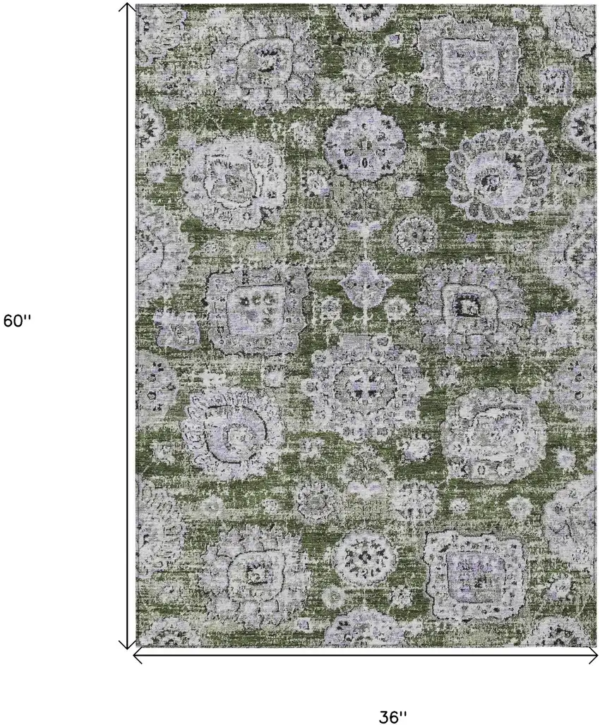 Olive Green And Gray Floral Washable Indoor Outdoor Area Rug Photo 3