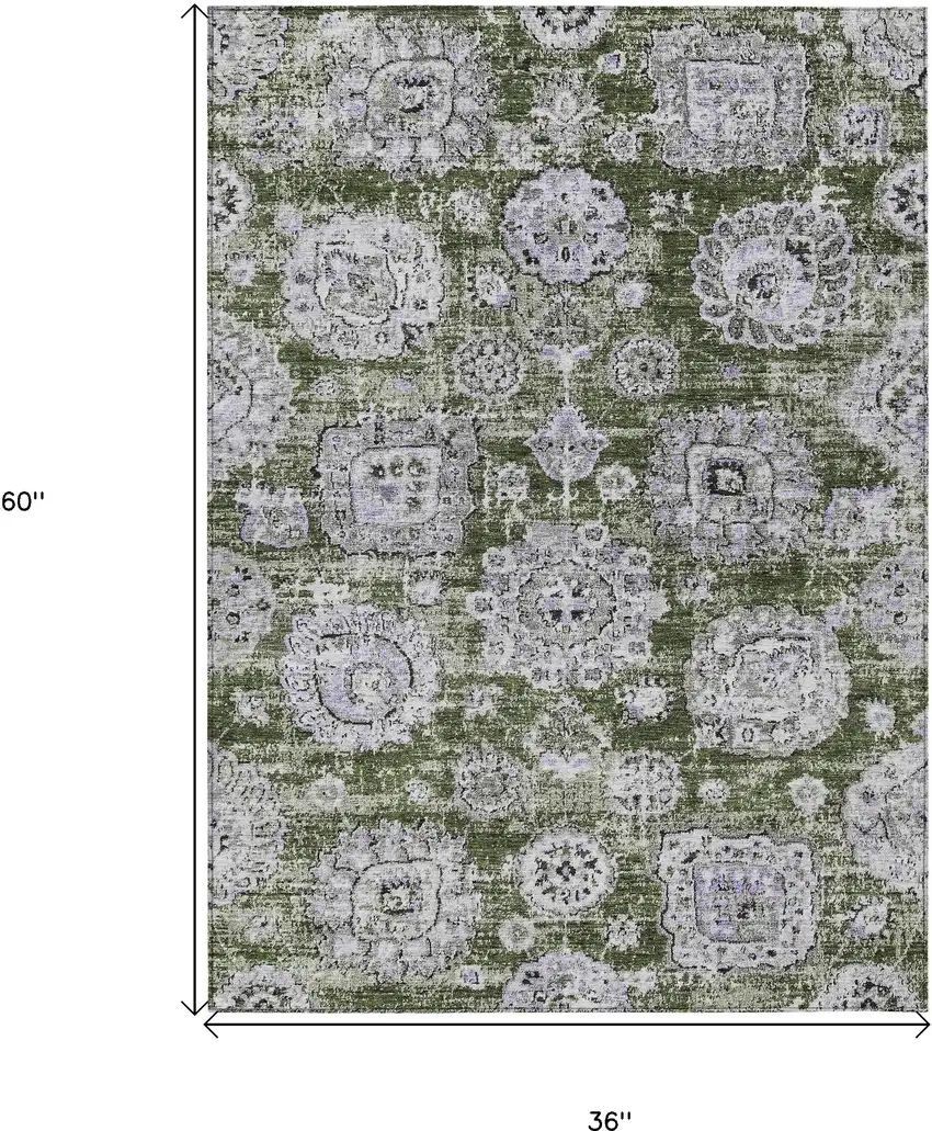 Olive Green And Gray Floral Washable Indoor Outdoor Area Rug Photo 3
