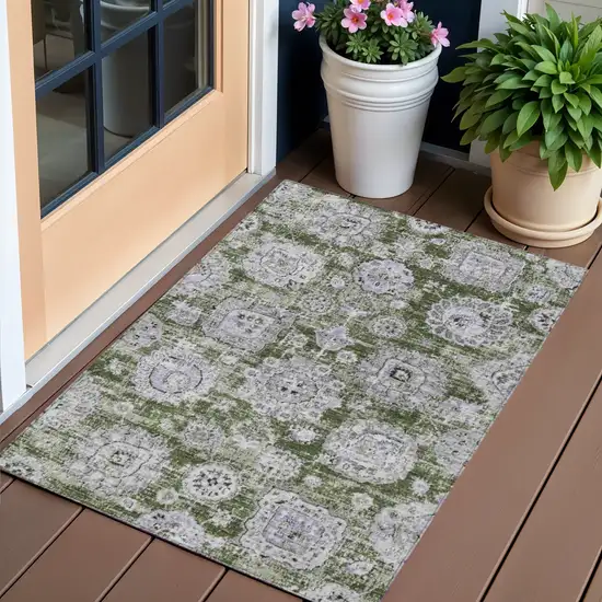 Olive Green And Gray Floral Washable Indoor Outdoor Area Rug Photo 1
