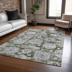 Photo of Olive Green And Gray Floral Washable Indoor Outdoor Area Rug