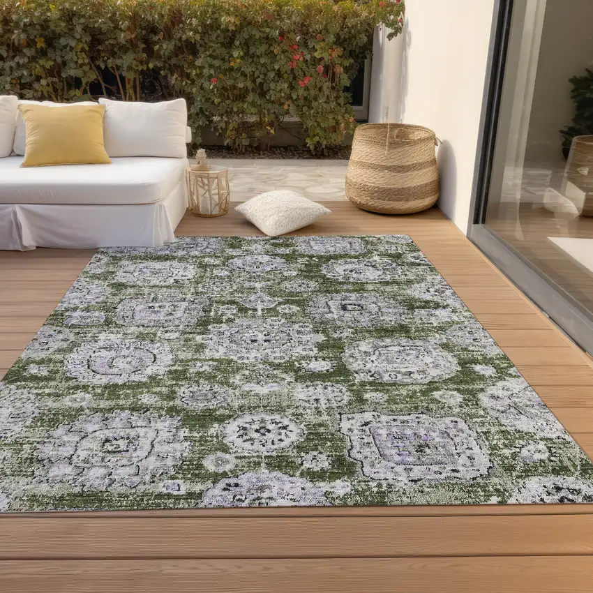 Olive Green And Gray Floral Washable Indoor Outdoor Area Rug Photo 5