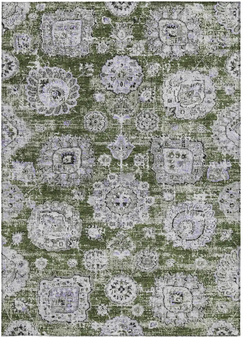 Olive Green And Gray Floral Washable Indoor Outdoor Area Rug Photo 4