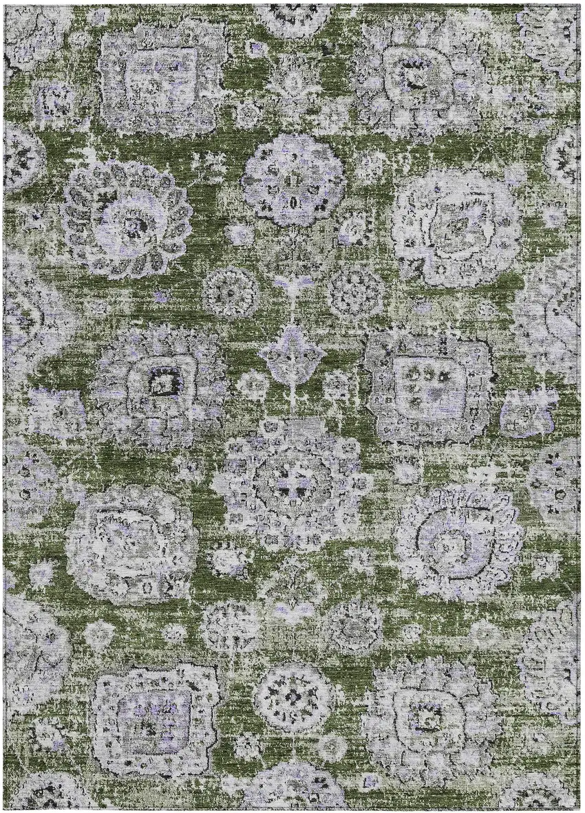 Olive Green And Gray Floral Washable Indoor Outdoor Area Rug Photo 4