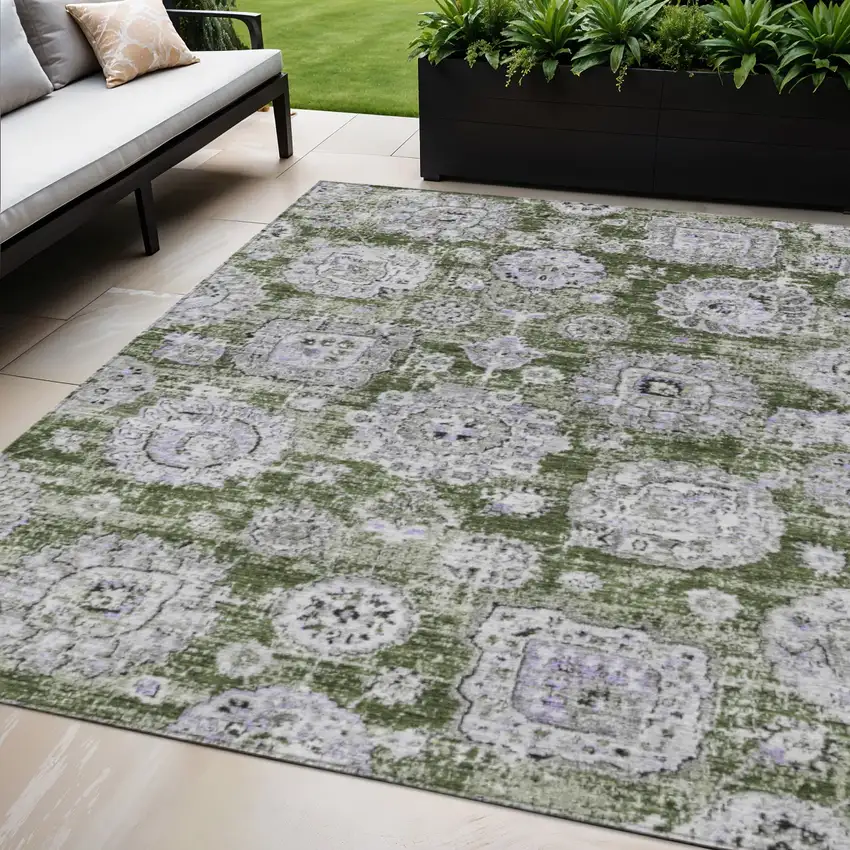 Olive Green And Gray Floral Washable Indoor Outdoor Area Rug Photo 1
