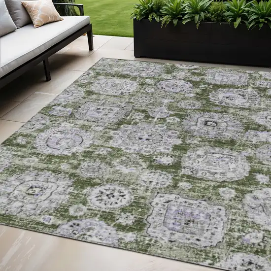 Olive Green And Gray Floral Washable Indoor Outdoor Area Rug Photo 1