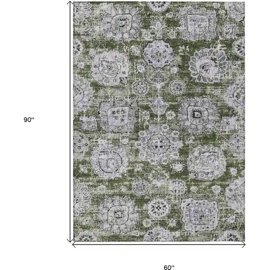 Olive Green And Gray Floral Washable Indoor Outdoor Area Rug Photo 9