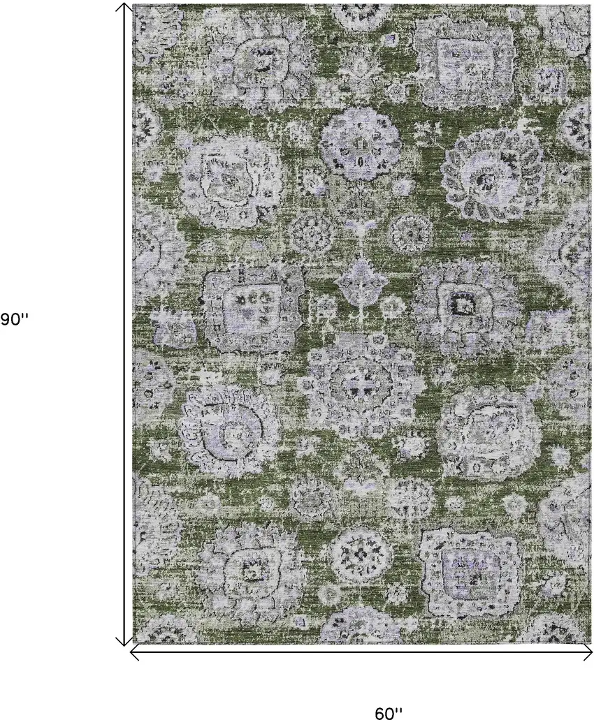 Olive Green And Gray Floral Washable Indoor Outdoor Area Rug Photo 9