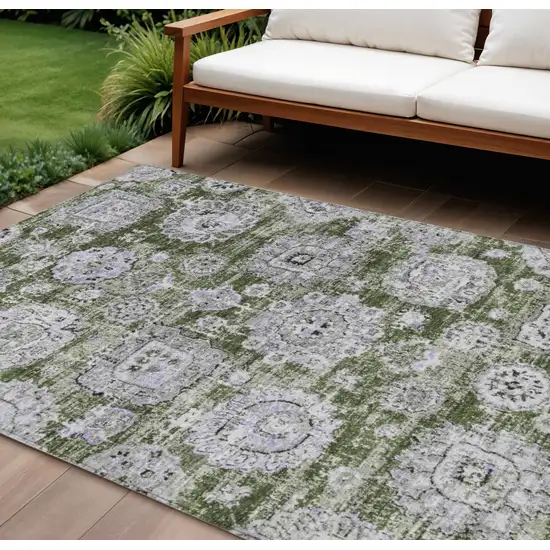 Olive Green And Gray Floral Washable Indoor Outdoor Area Rug Photo 1