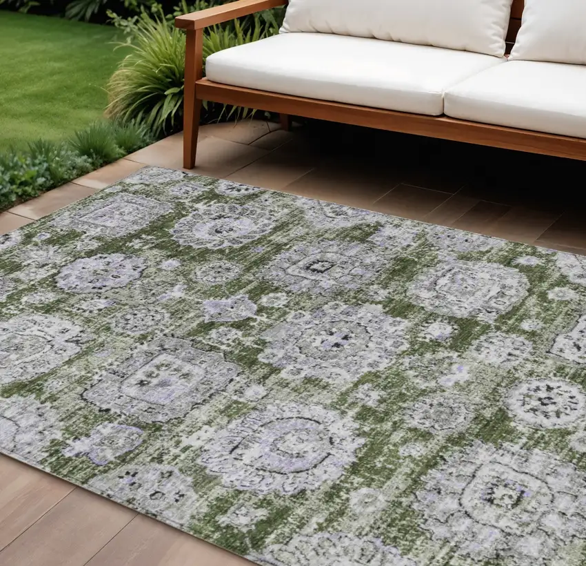 Olive Green And Gray Floral Washable Indoor Outdoor Area Rug Photo 1