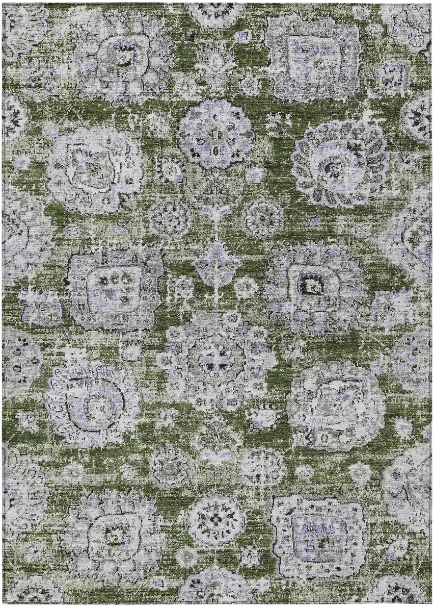 Olive Green And Gray Floral Washable Indoor Outdoor Area Rug Photo 1