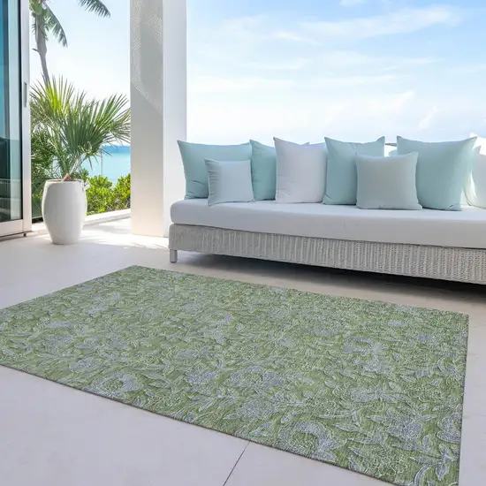 Olive Green And Gray Floral Washable Indoor Outdoor Area Rug Photo 7