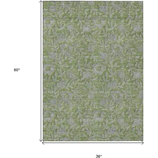 Olive Green And Gray Floral Washable Indoor Outdoor Area Rug Photo 7
