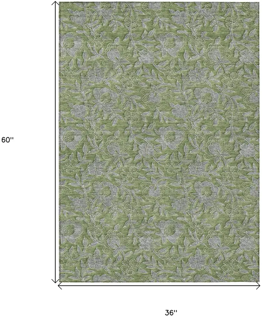 Olive Green And Gray Floral Washable Indoor Outdoor Area Rug Photo 7