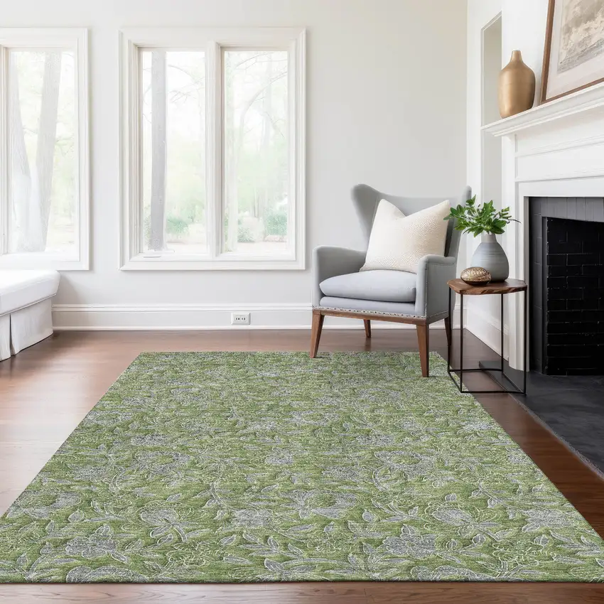 Olive Green And Gray Floral Washable Indoor Outdoor Area Rug Photo 8