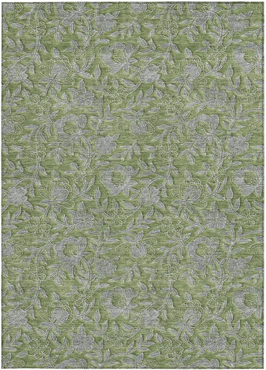 Olive Green And Gray Floral Washable Indoor Outdoor Area Rug Photo 5