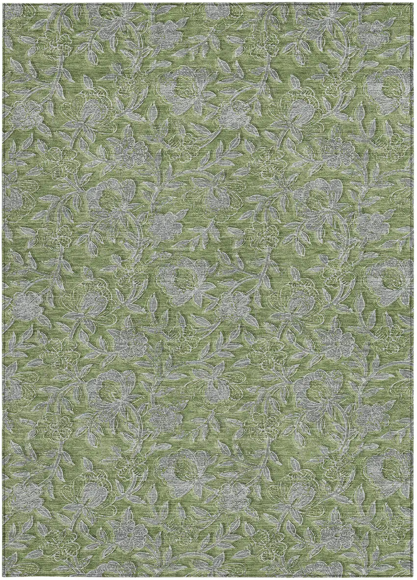 Olive Green And Gray Floral Washable Indoor Outdoor Area Rug Photo 5