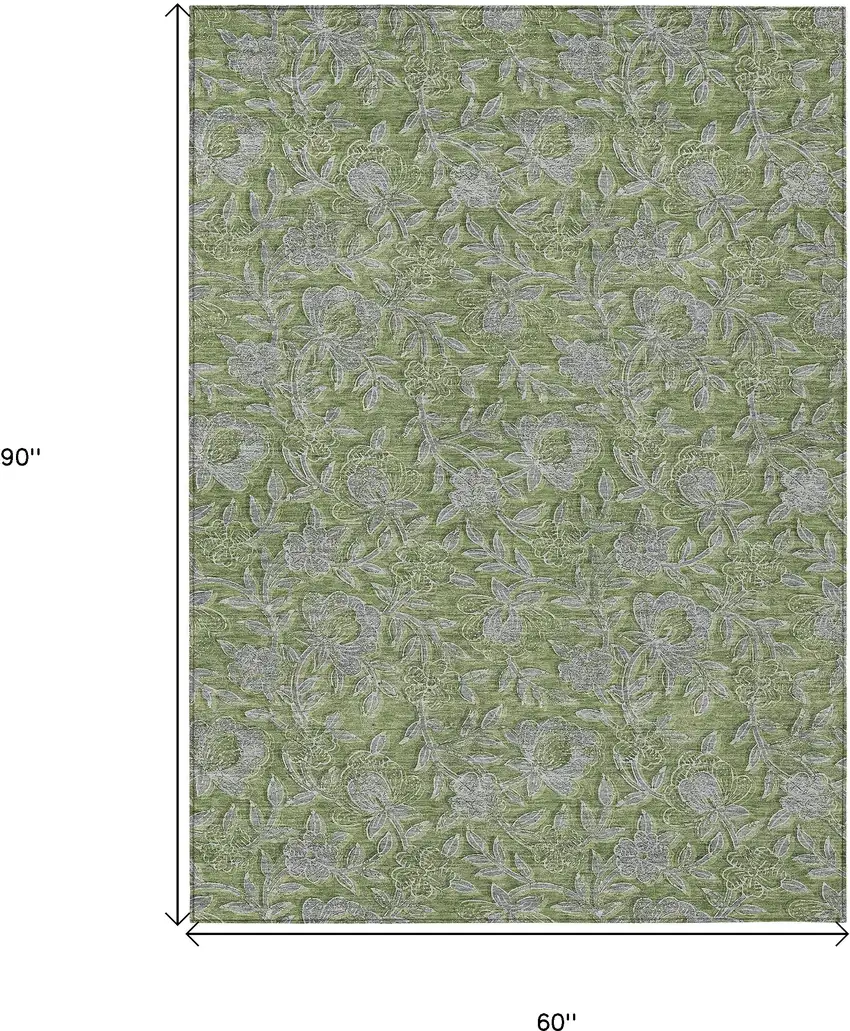 Olive Green And Gray Floral Washable Indoor Outdoor Area Rug Photo 3