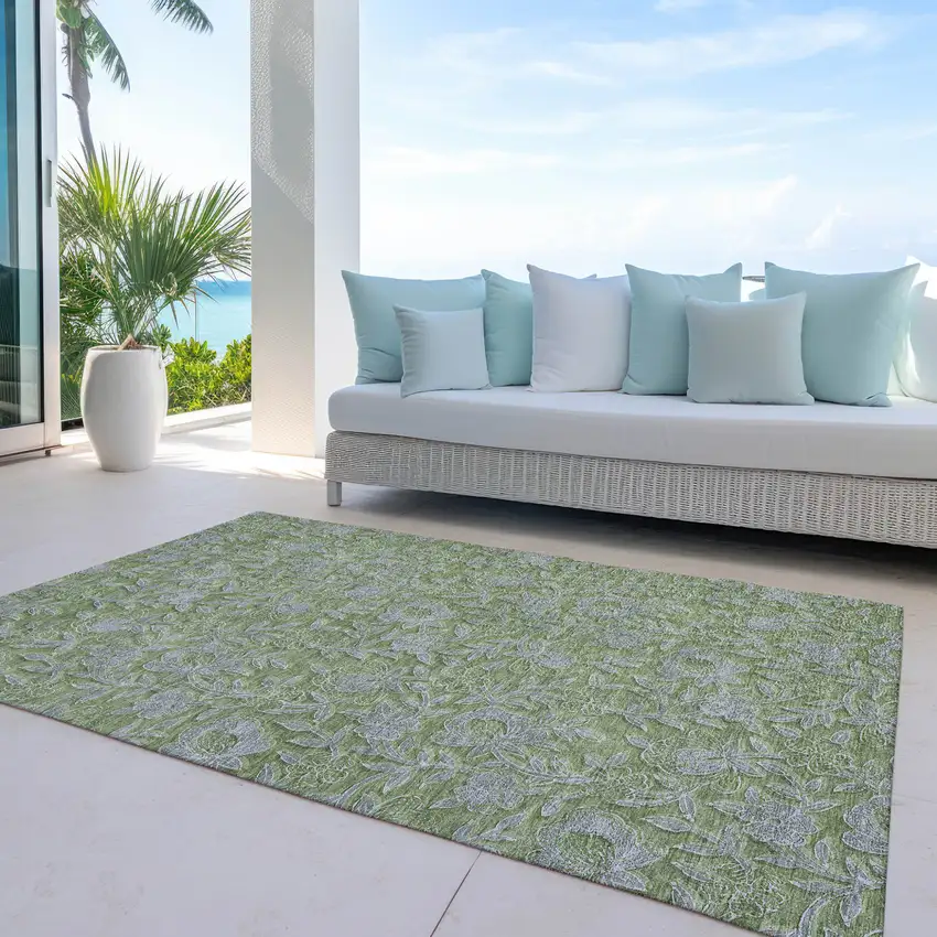 Olive Green And Gray Floral Washable Indoor Outdoor Area Rug Photo 8