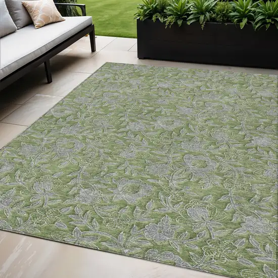 Olive Green And Gray Floral Washable Indoor Outdoor Area Rug Photo 1