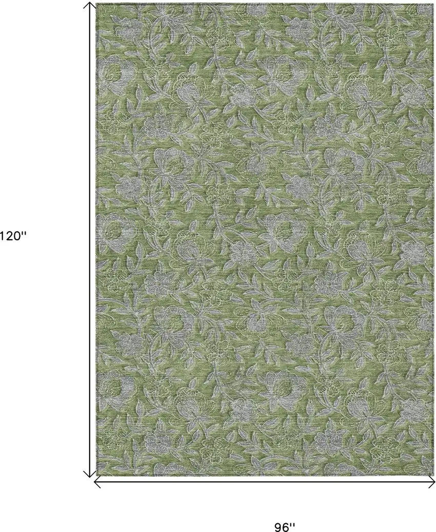 Olive Green And Gray Floral Washable Indoor Outdoor Area Rug Photo 3