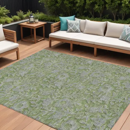 Olive Green And Gray Floral Washable Indoor Outdoor Area Rug Photo 1