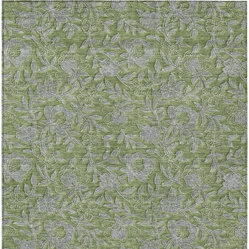 Olive Green And Gray Floral Washable Indoor Outdoor Area Rug Photo 7