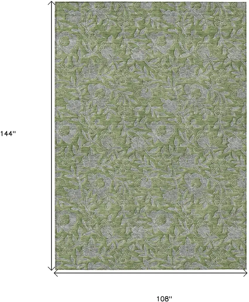 Olive Green And Gray Floral Washable Indoor Outdoor Area Rug Photo 3