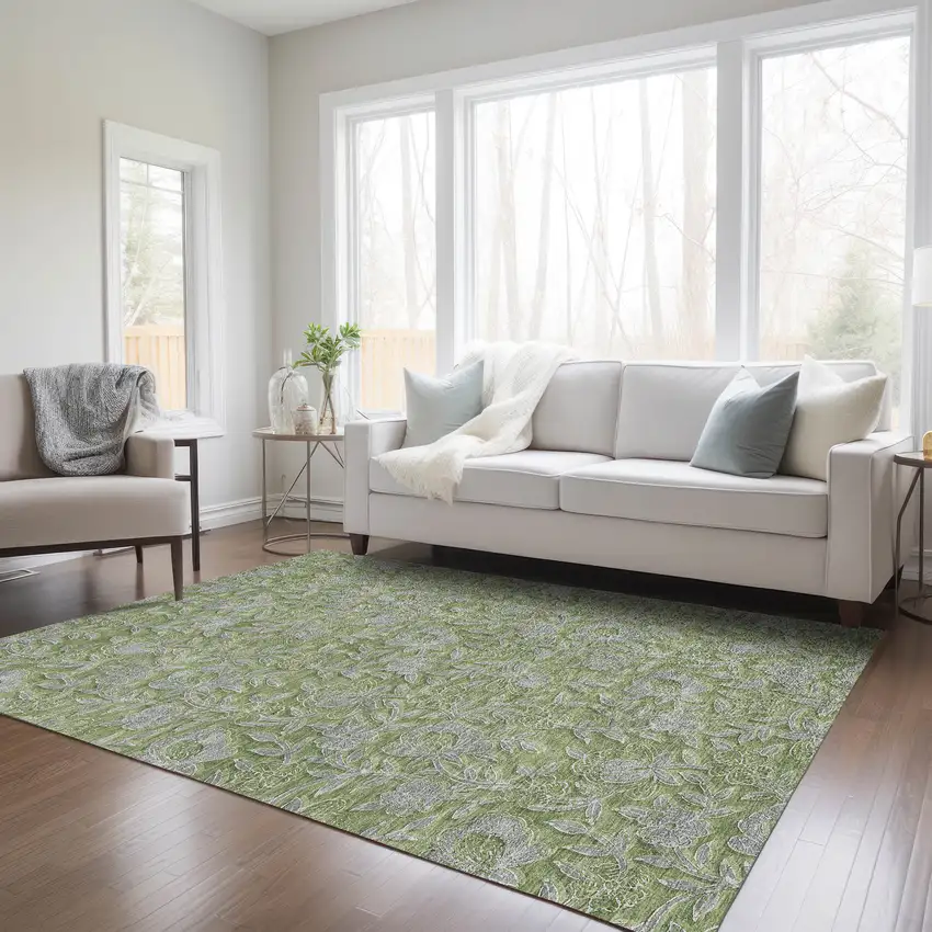 Olive Green And Gray Floral Washable Indoor Outdoor Area Rug Photo 8