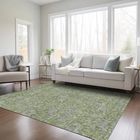 Olive Green And Gray Floral Washable Indoor Outdoor Area Rug Photo 8