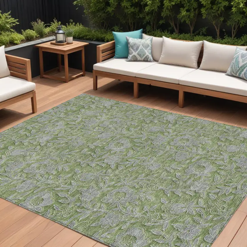 Olive Green And Gray Floral Washable Indoor Outdoor Area Rug Photo 1