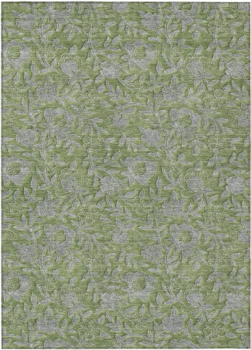 Olive Green And Gray Floral Washable Indoor Outdoor Area Rug Photo 2