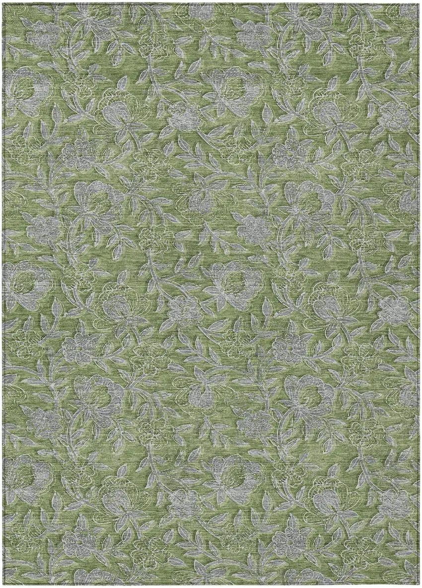 Olive Green And Gray Floral Washable Indoor Outdoor Area Rug Photo 2