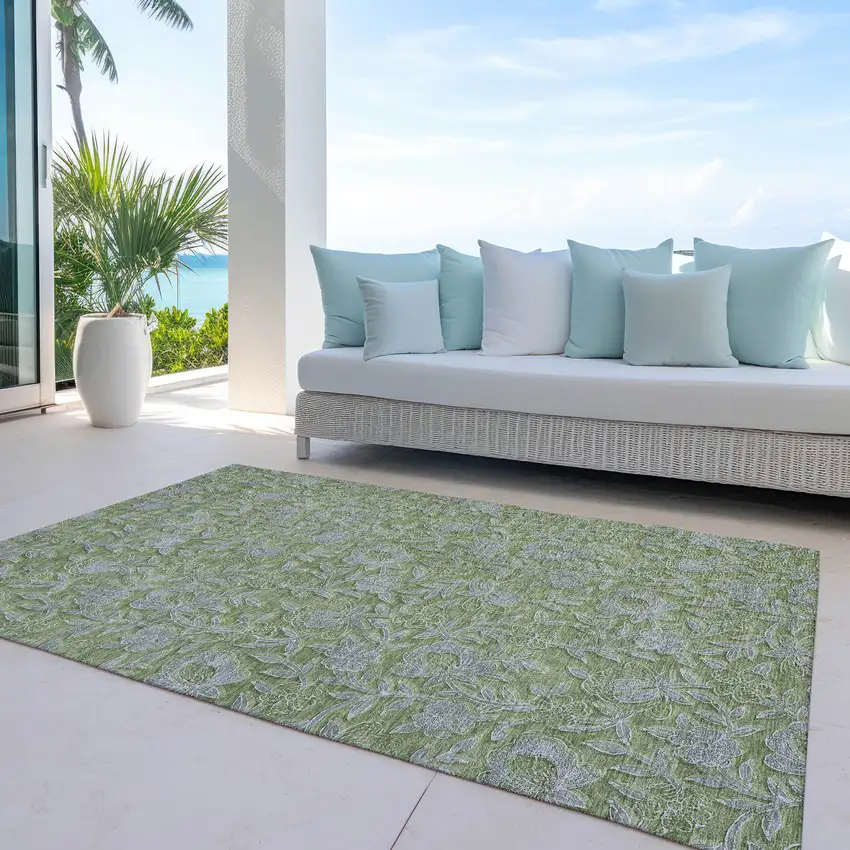 Olive Green And Gray Floral Washable Indoor Outdoor Area Rug Photo 6