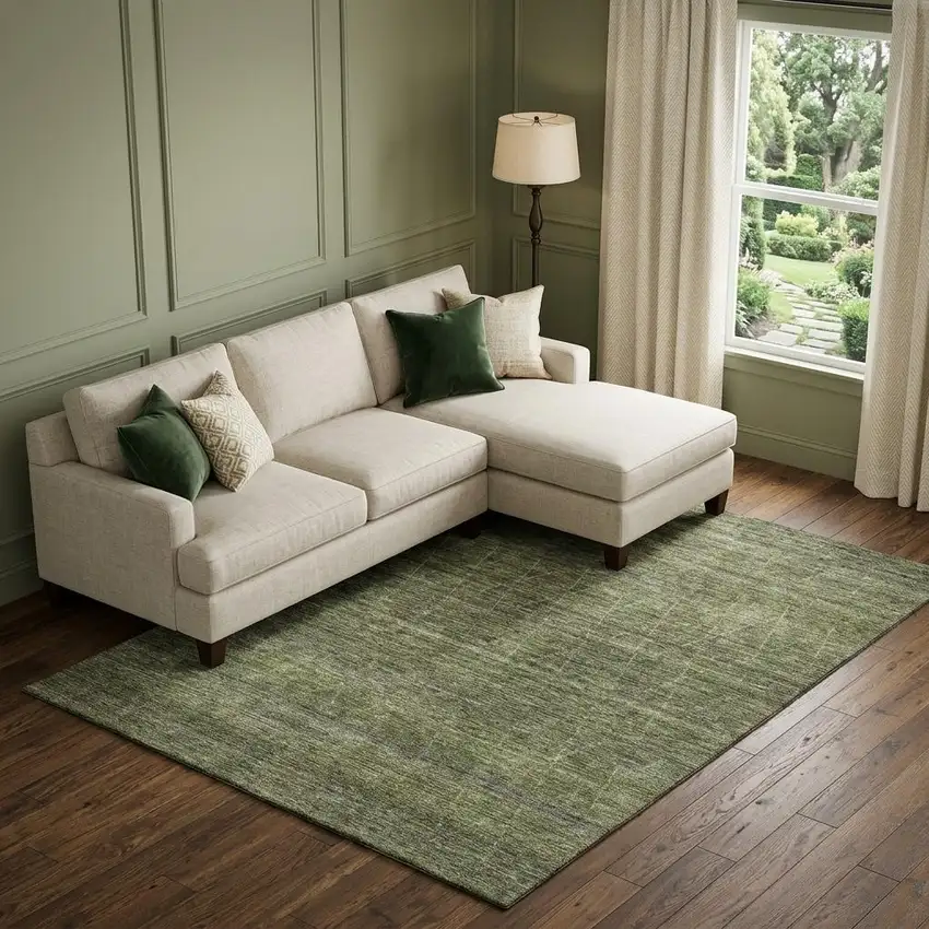 Olive Green And Gray Geometric Washable Area Rug With UV Protection Photo 1