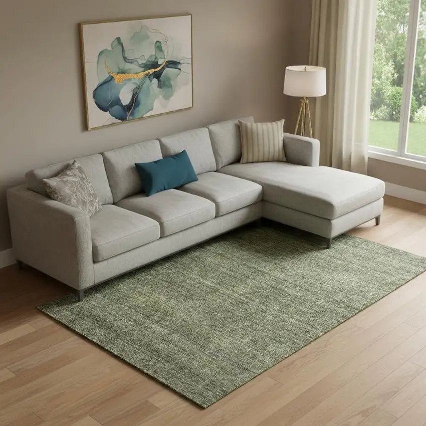 Olive Green And Gray Geometric Washable Area Rug With UV Protection Photo 2