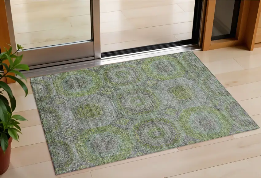 Olive Green And Gray Geometric Washable Indoor Outdoor Area Rug Photo 1