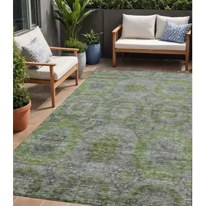 Photo of Olive Green And Gray Geometric Washable Indoor Outdoor Area Rug