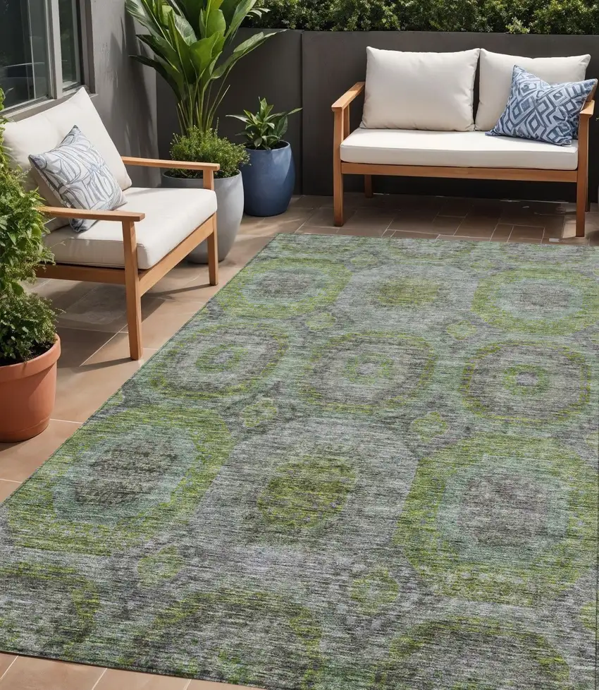 Olive Green And Gray Geometric Washable Indoor Outdoor Area Rug Photo 1