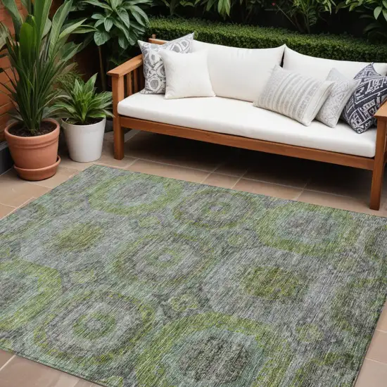 Olive Green And Gray Geometric Washable Indoor Outdoor Area Rug Photo 1