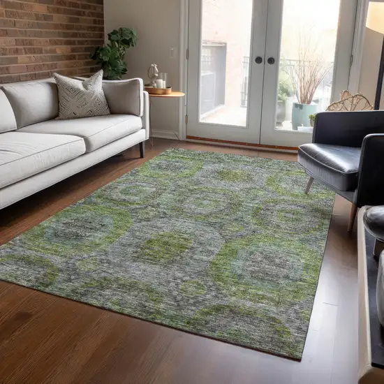 Olive Green And Gray Geometric Washable Indoor Outdoor Area Rug Photo 9