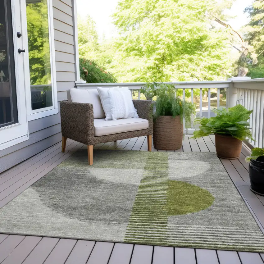 Olive Green And Gray Geometric Washable Indoor Outdoor Area Rug Photo 8