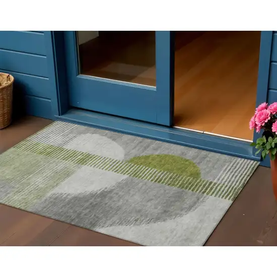 Olive Green And Gray Geometric Washable Indoor Outdoor Area Rug Photo 2