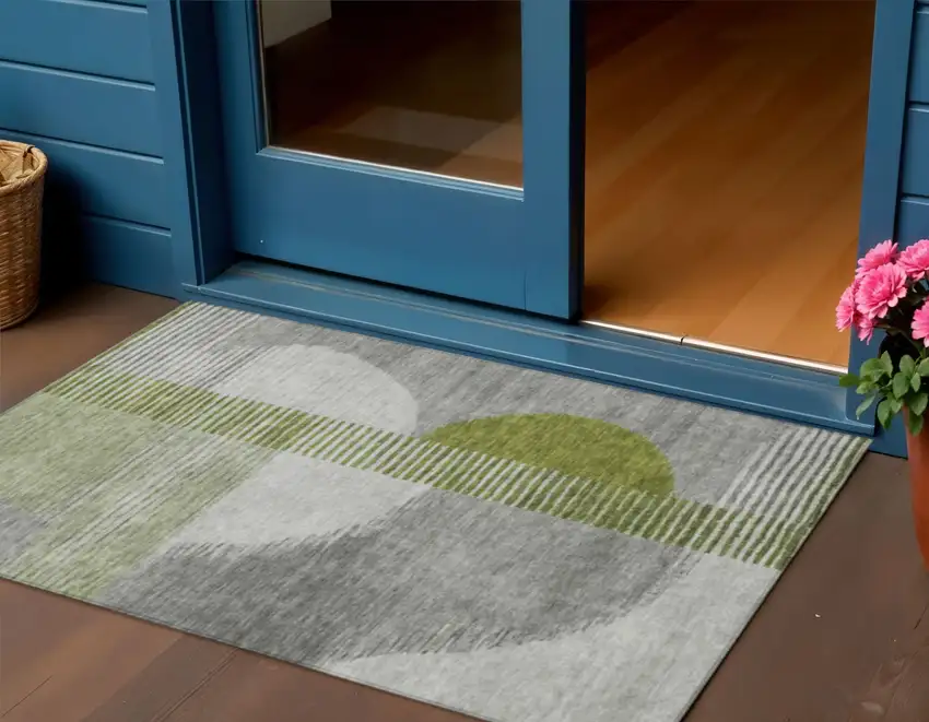 Olive Green And Gray Geometric Washable Indoor Outdoor Area Rug Photo 2
